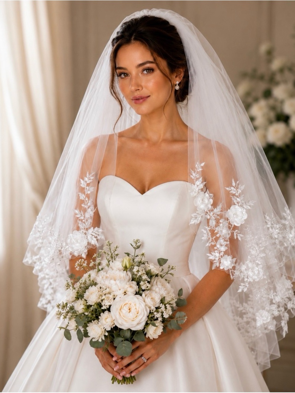 Elegant White Three-Dimensional Floral Appliqués Wedding Veil